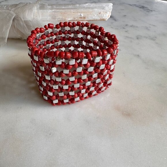 Coral Colored Beads and Silver Beaded Stretch Bracelet - Picture 2 of 6